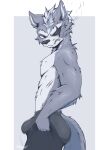  anthro beard bottomwear bulge canid canine canis clothed clothing eye_patch eyewear facial_hair fur grey_body grey_fur hi_res kyron-ladon male mammal meme nintendo notched_ear pulling_up_pants red_eyes scar smoking solo star_fox sweatpants tight_pants_(meme) topless wolf wolf_o&#039;donnell 