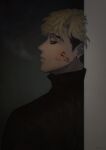  1boy blonde_hair blood blood_on_face dico521 expressionless half-closed_eyes highres killing_stalking leaning_back male_focus oh_sangwoo portrait short_hair solo sweater turtleneck turtleneck_sweater undercut 