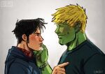  2boys alien bad_id bad_tumblr_id bara black_hair blonde_hair blush closed_eyes colored_skin couple cris_art ear_piercing finger_to_another&#039;s_mouth from_side green_skin hulkling long_sideburns male_focus marvel multiple_boys pectorals piercing poking poking_pecs shirt short_hair sideburns sideburns_stubble smile t-shirt thick_eyebrows toned toned_male upper_body wiccan yaoi 