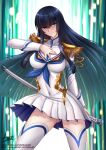  1girl adsouto black_hair blue_eyes breasts collarbone covered_navel epaulettes fringe_trim hand_on_own_chest highres holding holding_sword holding_weapon junketsu kill_la_kill kiryuuin_satsuki long_hair medium_breasts navel sheath sheathed signature solo standing sword thighhighs very_long_hair weapon 