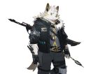  anthro bottomwear canid canine canis cheek_tuft clothed clothing denim denim_clothing facial_tuft fluffy_jacket fur gharne gloves handwear head_tuft hi_res jacket jeans male mammal pants simple_background slightly_chubby solo topwear tuft weapon white_body white_fur wolf 
