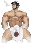  1boy abs amaimochi bara beard black_hair blush bulge chest_hair cigarette covering cum cum_in_clothes cum_through_clothes erection erection_under_clothes facial_hair feet_out_of_frame forehead_protector highres invisible_chair konohagakure_symbol large_pectorals looking_at_viewer male_focus manspreading mature_male muscular muscular_male naruto_(series) naruto_shippuuden navel navel_hair nipples nude_cover pectorals pelvic_curtain sarutobi_asuma short_hair sitting smoke smug solo thick_thighs thighs very_sweaty 