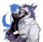  1boy 1girl animal_ears black_dress black_gloves blue_hair blue_tongue braid carrying carrying_person collared_shirt colored_tongue dog_ears dog_girl dog_tail dress fangs furry furry_male gloves highres jacket long_hair looking_at_another looking_at_viewer low_twin_braids open_mouth original pencil_dress remsrar shirt simple_background tail twin_braids very_long_hair white_background white_jacket wolf 