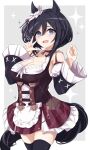  1girl :d animal_ears apron black_hair black_sleeves black_thighhighs blue_eyes bob_cut bodice breasts choker commentary_request cowboy_shot detached_sleeves dirndl ear_scrunchie eishin_flash_(umamusume) empty_gerbera frilled_apron frilled_sleeves frills german_clothes hair_between_eyes highres horse_ears horse_girl horse_tail large_breasts looking_at_viewer miniskirt red_choker red_skirt scrunchie shirt short_hair skirt smile solo striped striped_skirt swept_bangs tail thighhighs umamusume vertical-striped_skirt vertical_stripes w white_apron white_scrunchie white_shirt 