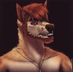  2021 acidwuff anthro artist_name beard brown_background brown_nose bust_portrait canid dated facial_hair fangs front_view fur hair hi_res jewelry looking_at_viewer male mammal neck_tuft necklace orange_beard orange_body orange_fur orange_hair portrait red_eyes simple_background solo tan_body tan_fur teeth tuft 