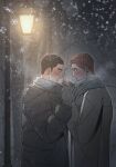  2boys bara beware_the_ides_of_march black_hair blush breath brown_hair chlthd_990 coat cold couple cowboy_shot gloves grey_coat grey_gloves grey_scarf highres kim_nak-won lamppost looking_at_another male_focus mittens multiple_boys night outdoors park_mok-hwa profile scarf short_hair snow snowflakes snowing thick_eyebrows tree warming_hands winter winter_clothes winter_coat yaoi 