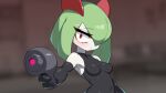  2023 armwear black_armwear black_clothing breasts clothed clothing drunk_oak generation_3_pokemon green_hair hair hair_over_eye hi_res holding_object humanoid kirlia nintendo one_eye_obstructed pokemon pokemon_(species) solo white_body white_face white_skin 