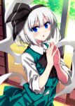  1girl black_hairband black_ribbon blue_eyes blush collared_shirt green_skirt green_vest hair_ribbon hairband highres hitodama konpaku_youmu konpaku_youmu_(ghost) looking_at_viewer open_mouth ribbon sazanami_mio shirt short_hair short_sleeves skirt skirt_set solo touhou vest white_hair white_shirt 