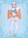  1girl :d bad_proportions bikini blue_background blue_bikini blue_bow blunt_bangs bow breasts brown_eyes dairoku_ryouhei flower full_body grey_hair hair_flower hair_ornament hoi_(tw) holding holding_towel long_hair looking_at_viewer medium_breasts mithria_librarian navel sandals side-tie_bikini_bottom smile solo standing swimsuit thigh_strap towel white_wings wings 