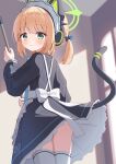  1girl animal_ear_headphones animal_ears apron ass azel_(laevateinn495) black_dress blonde_hair blue_archive blue_bow bow cat_tail closed_mouth dress fake_animal_ears frilled_apron frills green_eyes green_halo hair_bow halo headphones highres indoors long_sleeves looking_at_viewer looking_back maid midori_(blue_archive) midori_(maid)_(blue_archive) official_alternate_costume short_hair smile solo tail thighhighs white_apron white_thighhighs 