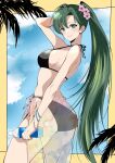  1girl alternate_costume ass bikini black_bikini blue_sky blush bottle breasts closed_mouth cloud fe135700 fire_emblem fire_emblem:_the_blazing_blade flower green_eyes green_hair hair_flower hair_ornament highres holding holding_bottle long_hair looking_at_viewer lyn_(fire_emblem) medium_breasts mixed-language_commentary outdoors pink_flower ponytail sarong see-through see-through_sarong sky smile solo swept_bangs swimsuit very_long_hair water_bottle 