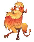  1girl bachikin_(kingyo155) bird_legs bird_tail breathing_fire claws commentary_request fire full_body hair_between_eyes harpy highres horns looking_at_viewer monster_girl neck_fur orange_eyes orange_feathers orange_hair orange_wings original simple_background solo tail tail_feathers talons white_background 