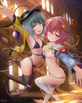  2girls :q absurdres alexzhang ass bikini black_bikini black_headwear black_thighhighs blue_shirt breasts chireiden cleavage commentary_request floral_print full_body green_eyes green_hair hairband hat hat_ribbon heart heart-shaped_pupils heart_of_string highres indoors komeiji_koishi komeiji_satori light_rays looking_at_viewer multiple_girls open_mouth pink_bikini pink_eyes pink_hair ribbon shirt short_hair siblings signature sisters small_breasts swimsuit symbol-shaped_pupils thighhighs third_eye tongue tongue_out touhou white_hairband white_thighhighs yellow_ribbon yellow_shirt 