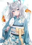  1girl absurdres animal animal_ear_fluff animal_ears blue_archive blue_eyes blue_kimono blush cross_hair_ornament extra_ears fish floral_print goldfish grey_hair hair_ornament hand_fan highres holding holding_fan japanese_clothes kim_leeyoon kimono long_sleeves looking_at_viewer medium_hair obi open_mouth paper_fan print_kimono sash shiroko_(blue_archive) simple_background solo twitter_username uchiwa water white_background wide_sleeves wolf_ears 