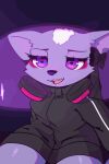  2023 aggretsuko animated anthro black_clothing black_hoodie black_topwear blush clothing disembodied_hand ear_bow eyes_closed female female_focus freeedon fur headphones hoodie mammal mephitid open_mouth purple_body purple_eyes purple_fur question_mark sanrio shikabane_(aggretsuko) short_playtime skunk solo_focus tongue tongue_out topwear 