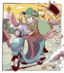  1girl alternate_costume animal_print baguette bread breasts brown_skirt cabbie_hat cake commentary croissant doughnut english_commentary food food_in_mouth frog_print full_body green_hair green_headwear grey_footwear hair_ornament hat highres kevin_arthur kochiya_sanae large_breasts long_hair motion_lines motor_vehicle motorcycle mountain outdoors skirt sky snake_hair_ornament solo touhou utility_pole yellow_sky 
