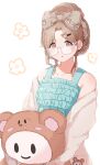  1girl absurdres bare_shoulders bespectacled blush brown_eyes brown_hair glasses hair_bun hair_ornament hairclip highres holding holding_stuffed_toy ichikawa_hinana idolmaster idolmaster_shiny_colors long_hair looking_at_viewer object_hug raichita solo stuffed_toy 