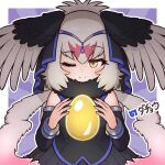  1girl bare_shoulders bird_girl bird_wings blurry blurry_background da_(bobafett) dress egg feathered_wings grey_hair hair_ornament head_wings kemono_friends long_hair looking_at_viewer one_eye_closed ostrich_(kemono_friends) scarf simple_background solo upper_body wings yellow_eyes 