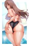  1girl ass black_one-piece_swimsuit blush breasts brown_hair competition_swimsuit goddess_of_victory:_nikke highleg highleg_swimsuit highres large_breasts long_hair looking_at_viewer looking_back one-piece_swimsuit rapi_(classic_vacation)_(nikke) rapi_(nikke) red_eyes solo swimsuit thighs two-tone_swimsuit volyz 