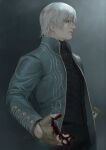  1boy bishounen blood blood_on_hands blue_coat blue_eyes closed_mouth coat devil_may_cry_(series) devil_may_cry_3 fingerless_gloves gloves hair_down highres holding holding_sword holding_weapon katana male_focus randm_kiwi solo sword vergil_(devil_may_cry) weapon wet wet_hair white_hair yamato_(sword) 
