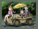  3girls absurdres american_beaver_(kemono_friends) amphibious_ground_vehicle animal_ears antenna_hair axe barefoot beach_umbrella beaver_ears beaver_tail belt bike_shorts bike_shorts_under_shorts black_eyes black_hair border bra brown_eyes brown_hair capybara_(kemono_friends) car closed_eyes commentary_request day driving elbow_gloves eurasian_beaver_(kemono_friends) extra_ears flag fur_collar gloves green_sports_bra grey_hair hair_ornament hairclip highres kemono_friends looking_at_another medium_hair motor_vehicle multicolored_hair multiple_girls necktie object_on_head on_vehicle open_clothes open_mouth open_shirt open_vest outdoors plaid plaid_shirt river rubber_duck saw schwimmwagen shirt short_sleeves shorts sidelocks sitting smile sports_bra steering_wheel tail toriny torn_clothes torn_sleeves umbrella underwear vest water 