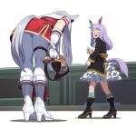  2girls absurdres animal_ears armband black_coat black_footwear blush boots bowing coat ear_bow gloves gold_ship_(umamusume) grey_hair hat hat_removed headwear_removed high_heel_boots high_heels highres holding holding_clothes holding_hat horse_ears horse_girl horse_tail jacket long_hair long_sleeves looking_at_another mejiro_mcqueen_(umamusume) multiple_girls nishiki_kazue open_mouth pants purple_hair red_jacket sweatdrop tail tail_through_clothes thigh_strap umamusume white_footwear white_gloves white_pants wide-eyed 