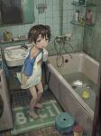  1boy absurdres animal_ears barefoot bathroom bathtub black_hair blue_eyes collarbone dog_boy dog_ears dog_tail fang highres indoors open_mouth original shirt short_hair sink solo standing tail take_no_(xtc65_0) toes 