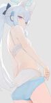  1girl blue_archive blue_halo blue_shorts bra braid breasts grey_background halo highres hiroki_(yyqw7151) long_hair looking_at_viewer miyako_(blue_archive) panties ponytail shorts simple_background small_breasts solo underwear white_bra white_panties 