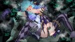  1girl 2boys :o absurdres anal ass black_bow blush bow breasts double_penetration drill_hair gloves green_hair gwen_(league_of_legends) hair_bow highres kurarome large_breasts league_of_legends long_hair mist_walker_(league_of_legends) multicolored_background multiple_boys nipples purple_gloves pussy rape sex spread_legs striped striped_thighhighs tears thighhighs torn_clothes torn_thighhighs twin_drills twintails vaginal 