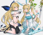  2girls absurdres ahoge animal_ears apron arm_at_side artoria_caster_(fate) artoria_caster_(swimsuit)_(fate) artoria_pendragon_(fate) asymmetrical_clothes asymmetrical_legwear asymmetrical_pants bare_shoulders bikini black_pants black_ribbon blonde_hair blue_bow blue_dress blue_scrunchie blush bow breasts checkered_thighhighs clothes_pull collarbone cropped_jacket detached_sleeves dress dress_bow dual_persona embarrassed fate/grand_order fate_(series) footwear_bow frilled_apron frills green_eyes grey_background hair_ornament hair_scrunchie halterneck hand_up hands_up high_heels highres jacket kneeling long_hair long_sleeves looking_at_viewer mismatched_legwear multiple_girls navel no_headwear open_mouth orca pants pants_pull platform_footwear puffy_short_sleeves puffy_sleeves rabbit_ears ribbon sandals scrunchie sharp_teeth short_sleeves sideboob simple_background single_pantsleg small_breasts striped striped_jacket striped_ribbon striped_thighhighs swimsuit sword teeth thighhighs twintails vertical-striped_thighhighs vertical_stripes weapon white_apron white_bikini white_footwear white_jacket white_wristband wrist_cuffs wristband yurumawari zettai_ryouiki 