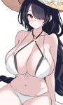  1girl absurdres bikini black_hair blue_archive blush breasts front-tie_bikini_top front-tie_top hair_over_one_eye hat highres hinata_(blue_archive) hinata_(swimsuit)_(blue_archive) huge_breasts large_breasts long_hair looking_at_viewer navel ossou_rocket red_eyes simple_background solo swimsuit white_background white_bikini 