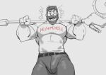  1boy absurdres bara beard buck_(cheschirebacon) bulge cheschirebacon facial_hair feet_out_of_frame greyscale happy_aura he/him/hole_shirt highres holding_behind_neck large_pectorals looking_at_viewer male_focus mature_male monochrome muscular muscular_male original pants pectorals shirt short_hair solo spot_color strongman_waist thick_eyebrows thick_mustache thick_neck thick_thighs thighs tight_clothes tight_shirt 