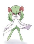  1girl colored_skin commentary flat_chest full_body green_hair green_skin hair_between_eyes happy jpeg_artifacts kirlia legs_apart looking_at_viewer medium_hair multicolored_skin open_mouth pokemon pokemon_(creature) red_eyes sidelocks simple_background smile solo standing suzu_(pixiv_32232702) two-tone_skin white_background white_skin 