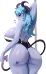  &lt;3 2023 blue_hair breasts butt clothing digital_media_(artwork) female fingers genitals hair hi_res horn humanoid long_hair looking_at_viewer pussy sana!rpg simple_background solo white_background 