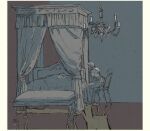  1girl 1other apron bed canopy_bed chandelier commentary curtains dress english_commentary indoors kgeroua limited_palette maid maid_apron maid_headdress on_bed on_chair original sitting under_covers 