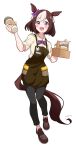  1girl absurdres alternate_costume animal_ears apron black_pants blush bow braid brown_apron brown_footwear brown_hair commentary cup ear_bow french_braid full_body highres holding holding_cup horse_ears horse_girl horse_tail hyanyon loafers looking_at_viewer multicolored_hair open_mouth pants purple_bow purple_eyes shirt shoes short_hair simple_background sleeves_rolled_up smile solo special_week_(umamusume) streaked_hair tail twitter_username umamusume white_background white_hair white_shirt 