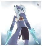  anthro blood blood_on_clothing blue_eyes blue_markings bodily_fluids canid canine canis clothed clothing dual_wielding female hair helen_(kpz-70) holding_object holding_weapon ice_spikes kpz-70_(artist) looking_at_viewer mammal markings scar solo weapon white_hair wolf 