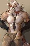  2023 anthro areola arknights bottomwear canid canine canis clothed clothing domestic_dog fur hair hi_res hung_(arknights) hypergryph long_hair looking_away male mammal multicolored_body multicolored_fur multicolored_hair muscular muscular_anthro muscular_male necktie open_bottomwear open_clothing open_pants pants red_hair studio_montagne tail tan_body tan_fur topless topless_anthro topless_male trtoutoongo two_tone_body two_tone_fur two_tone_hair white_body white_fur white_hair yellow_eyes 