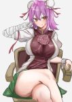  1girl absurdres bandaged_arm bandages bare_legs blush breasts bun_cover crossed_legs double_bun feet_out_of_frame green_skirt hair_bun highres ibaraki_kasen kuraki large_breasts light_smile looking_at_viewer on_chair pink_eyes pink_hair simple_background sitting skirt solo thick_thighs thighs touhou white_background 
