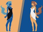  4:3 anthro apogee_(tinygaypirate) black_clothing black_robe brown_hair canid canine canis clothing domestic_dog duo female fur hair hi_res hikaridraws mammal mirror reflection robe robe_only tan_body tan_fur tattoo white_clothing white_robe 