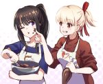  2girls :t alternate_hairstyle apron black_hair blonde_hair blue_shirt blush bowl bright_pupils brown_shirt chocolate chocolate_on_face commentary_request cookie double-parted_bangs food food_on_face grin hair_between_eyes hair_ribbon holding holding_bowl hyoe_(hachiechi) inoue_takina long_hair looking_at_another lycoris_recoil multiple_girls nishikigi_chisato one_eye_closed polka_dot polka_dot_background ponytail purple_eyes red_eyes red_ribbon ribbon shirt short_hair short_sleeves sidelocks simple_background sleeves_rolled_up smile upper_body white_apron white_background white_pupils 