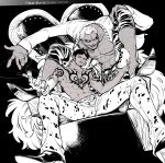  2boys absurdres black_hair blonde_hair capri_pants chest_tattoo copy_ability donquixote_doflamingo earrings facial_hair feather_coat goatee headwear_removed highres jewelry male_focus multiple_boys muscular muscular_male nowosuke one_piece open_clothes pants shirt short_hair shoulder_tattoo sitting smile spread_legs squatting sunglasses tattoo teeth thread throne topless_male trafalgar_law white_shirt 