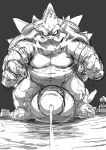  2023 4_fingers 4_toes anthro balls big_balls big_penis bodily_fluids bowser collar digital_media_(artwork) eyebrows feet fingers fire genital_fluids genitals grey_background hi_res huge_balls huge_penis koopa looking_at_viewer male mario_bros monapic_chang nintendo open_mouth penis scalie shell simple_background solo spiked_collar spiked_shell spikes spikes_(anatomy) thick_eyebrows toes vein veiny_balls 