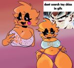  animatronic anthro big_breasts black_eyes bottomwear breasts chica_(fnaf) clothed clothing clothing_pull digital_media_(artwork) erect_nipples erect_nipples_under_clothes female five_nights_at_freddy&#039;s five_nights_at_freddy&#039;s_2 girlpenisworld hair hand_on_breast hi_res holding_breast humanoid looking_at_viewer machine navel nipple_outline nipples panties panty_pull partially_clothed robot robot_humanoid scottgames simple_background solo text thick_thighs topwear toy_chica_(fnaf) underwear underwear_pull 