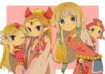  4girls blue_eyes brown_hair closed_mouth dress hair_down looking_at_viewer multiple_girls multiple_persona parted_bangs pink_dress pointy_ears princess_zelda simple_background smile the_legend_of_zelda the_legend_of_zelda:_four_swords the_legend_of_zelda:_ocarina_of_time the_legend_of_zelda:_skyward_sword the_legend_of_zelda:_spirit_tracks the_legend_of_zelda:_the_wind_waker tokuura toon_zelda young_zelda 
