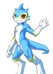  anthro aquatic_dragon blue_body claws dragon fishy_fizz hi_res male marine nude simple_background smile solo tail white_background yellow_eyes 