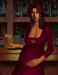  1girl alcohol bar_(place) bhobuanli blue_ribbon bottle brown_hair cowboy_bebop cup dark-skinned_female dark_skin dress earrings highres jewelry katerina_solensan lipstick long_hair looking_at_viewer makeup purple_dress ribbon solo 