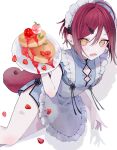  1girl apron blue_dress blush dress food fruit grey_background hair_ornament hairpin highres holding holding_plate maid maid_apron maid_headdress muon open_mouth original pancake pancake_stack plate red_hair short_hair short_sleeves strawberry tail white_apron white_headdress yellow_eyes 