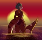  anthro breasts butt clothed clothing digital_media_(artwork) female fish hair hi_res humanoid marine marshbreeze nails one-piece_swimsuit shark simple_background sky smile solo sunset swimwear tail water 