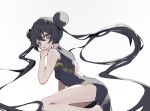  1569847238 1girl black_dress black_hair blue_archive breasts china_dress chinese_clothes double_bun dragon_print dress grey_eyes hair_bun kisaki_(blue_archive) long_hair looking_at_viewer simple_background small_breasts solo twintails white_background 